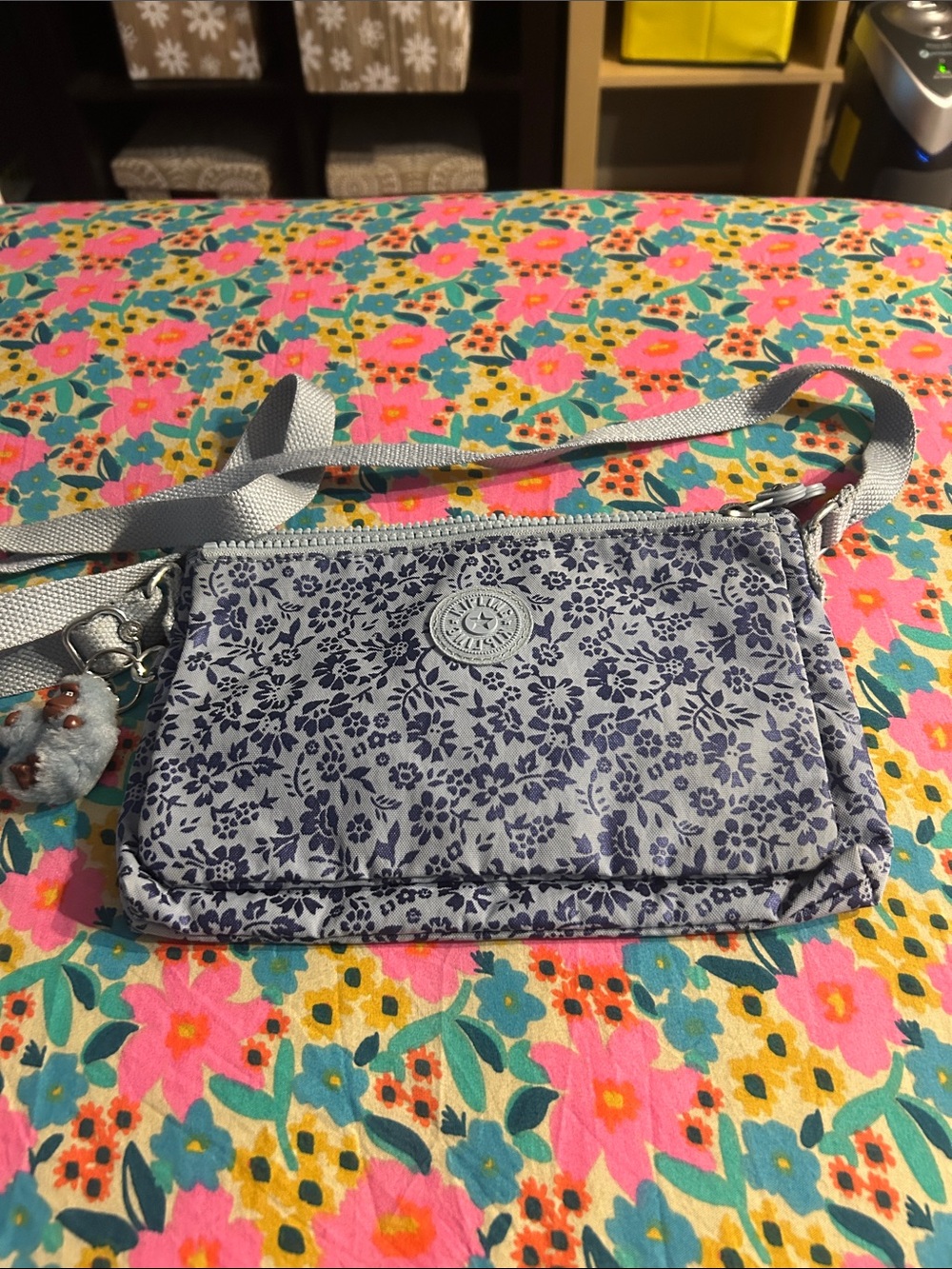 Kipling Light Blue Floral Crossbody Bag with Navy Print